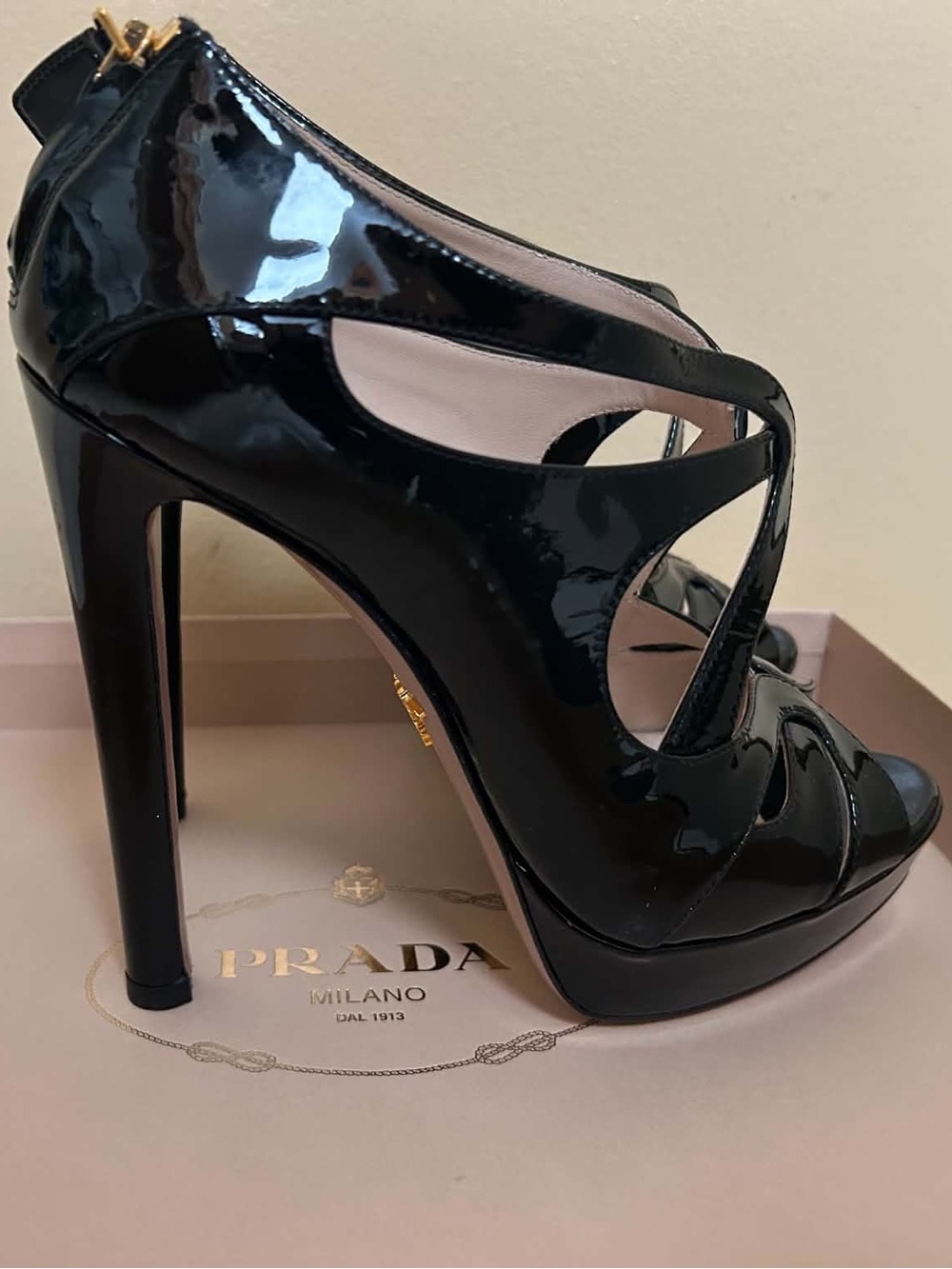Prada Black Patent Leather Cutout High Heel Sandals